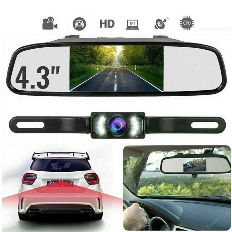 Car Rear View Mirror Backup Camera Parking System Night Vision 5'' Monitor 170°View Angle 480x272TFT-LCD Color Display for Vehic