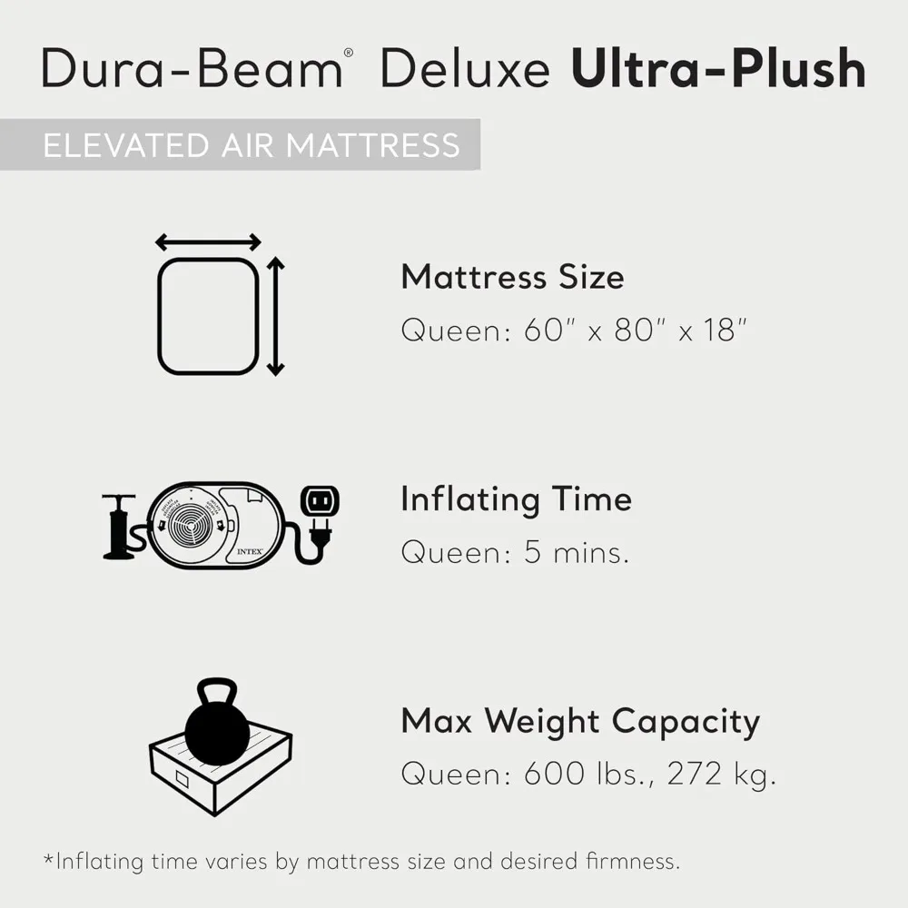 Deluxe Ultra Plush Air Mattress with Headboard:Fiber-Tech,Queen Size,Built in Electric Pump,18in Bed Height,600lb Capacity