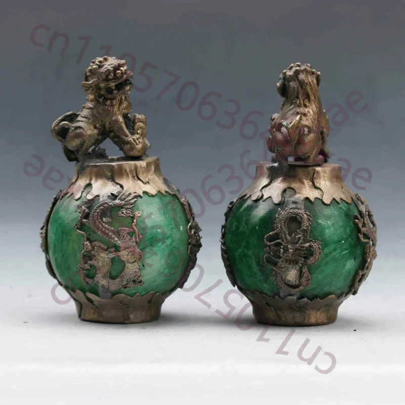

2pc Exquisite China Silver Dragon Inlaid Green Jade Hand Carved Pair Lion Statue