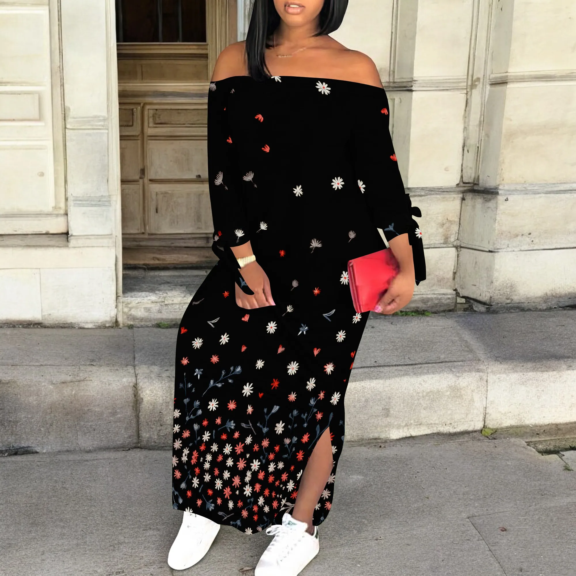 

Off The Shoulder Dresses for Women Plus Size Long Sleeve Strapless Side Slit Dress Party Vacation Daily Active Dress