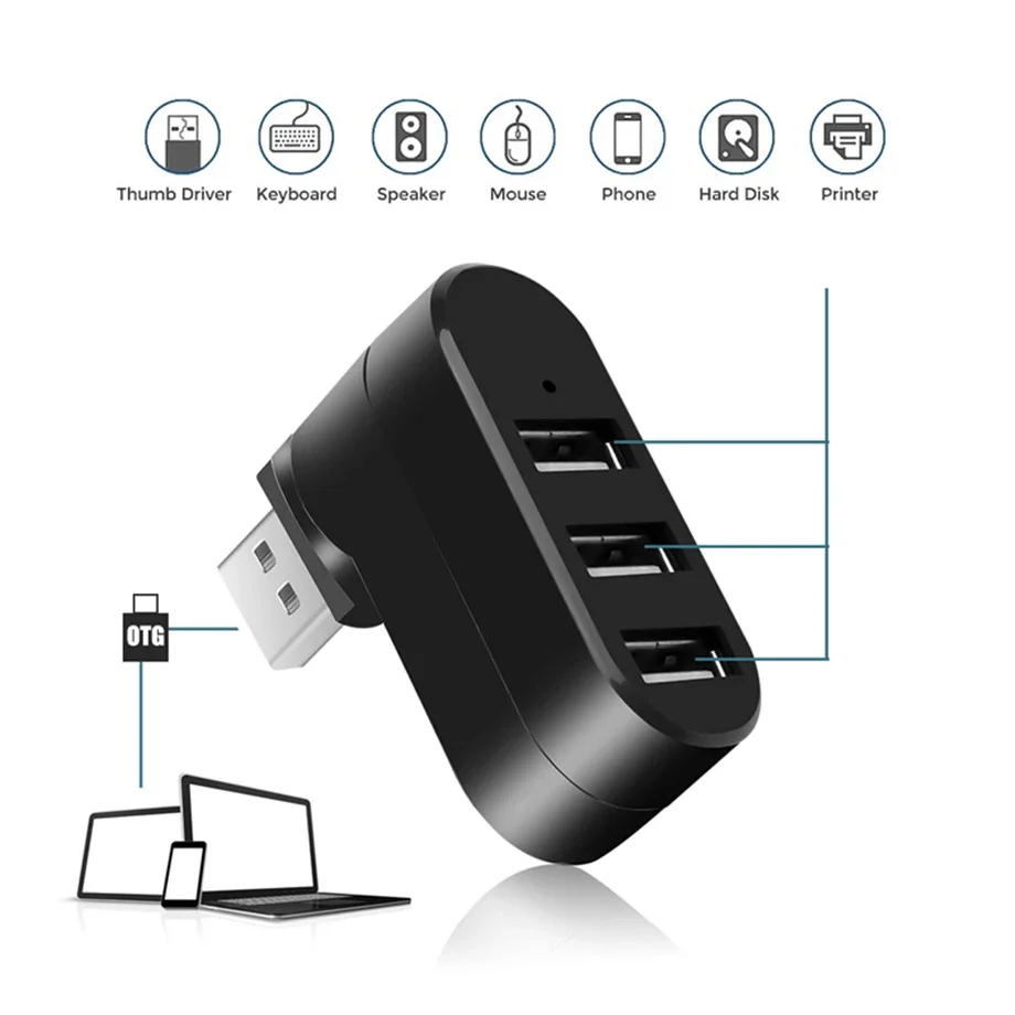 Universal mini rotativo 3 portas usb 2.0 hub de alta velocidade transferência dados divisor caixa adaptador expansor usb para computador portátil macbook pro