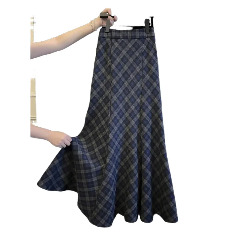 Saia feminina outono e inverno sarja azul cinza xadrez flanela midi saia engrossado para mulheres inverno feminino casual wear