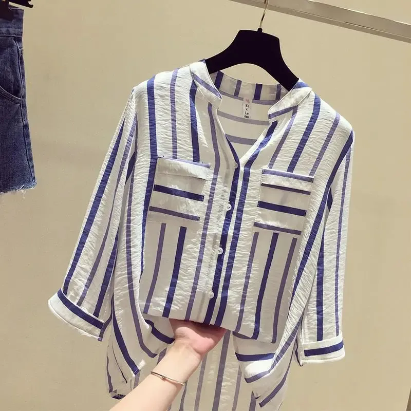 Summer Shirt Women 2024 New Vertical Striped Loose Cropped Sleeve Shirt V-Neck Outerwear Fashion Single-Breasted Tops Female