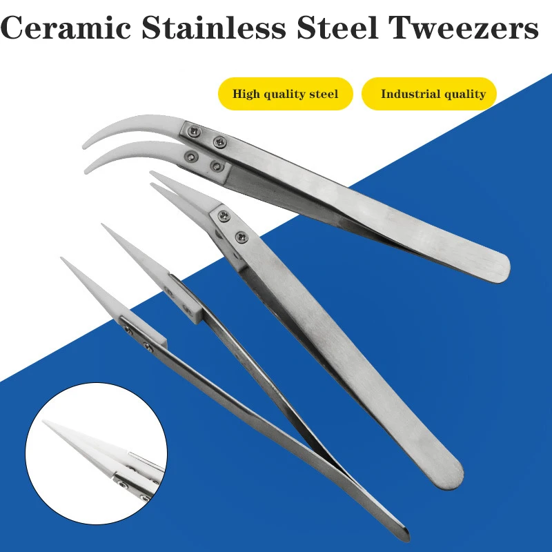 Set of 3 Anti-Static Ceramic Straight Tip Electronic Soldering Tweezers, Heat Resistant Antimagnetic Straight Bend Tweezers