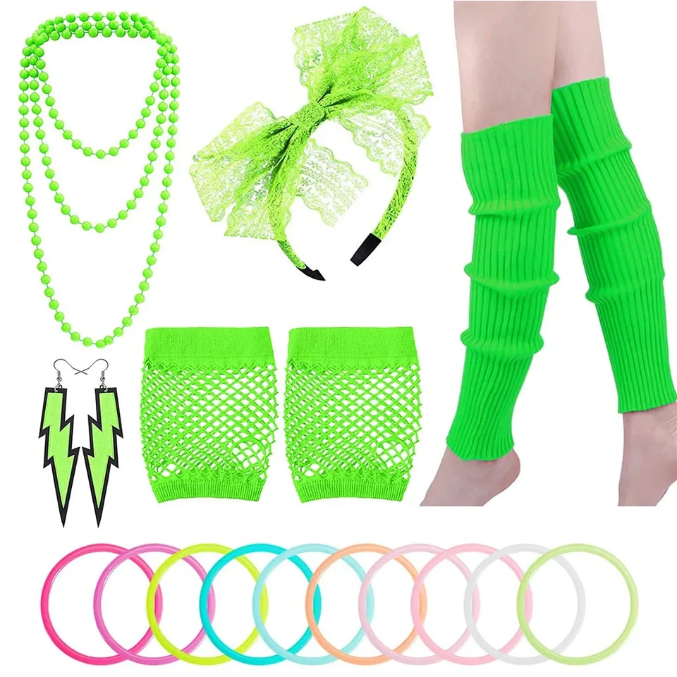 Set De Accesorios Para Fiesta Años 80 Para Mujer – 14 Piezas Con Pendientes, Pulsera, Collar, Guantes De Red, Diadema Y Calentadores De Piernas Neón – Perfecto Para Disfraces Retro Y Eventos Temáticos