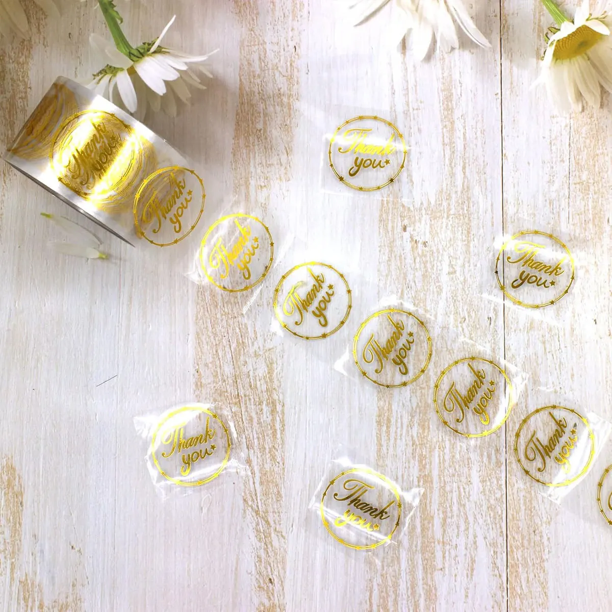 500Pcs Round Transparent Gold Foil Thank You Sticker for Celebrating with Us Gift Box Package Decoration Envelope Seals