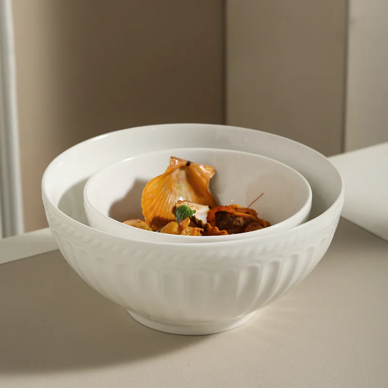 

Roman Relief White Rice Bowl Family Use Salad Bowl Underglaze Color Bowl Soup Bowl Ceramic round Shape Dinnerware