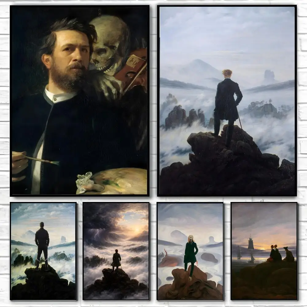 Painting Wanderer Above the Sea of Fog Poster Self-adhesive Art Waterproof Paper Sticker Coffee House Bar Room Wall Decor