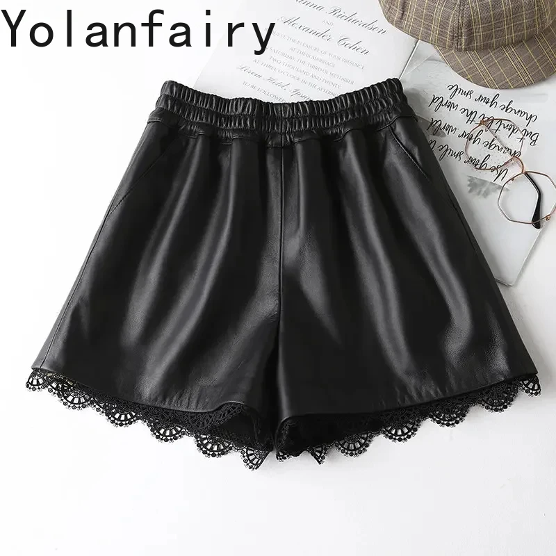 Real Leather Shorts Women Genuine Sheepskin A Line Short Pants Women High Waist Black Shorts Women Ladies Shorts Lace Streetwear