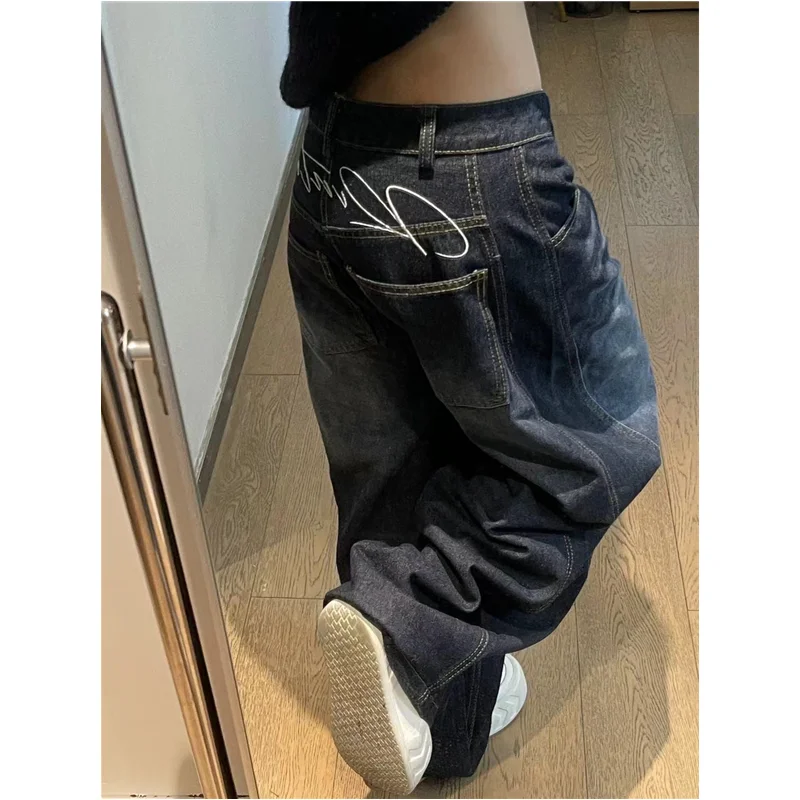 Frauen Vintage Stickerei Jeans Hohe Taille Hip Hop Gerade Baggy Hosen Streetwear Y2K Amerikanischen Retro Breite Bein Denim Hosen
