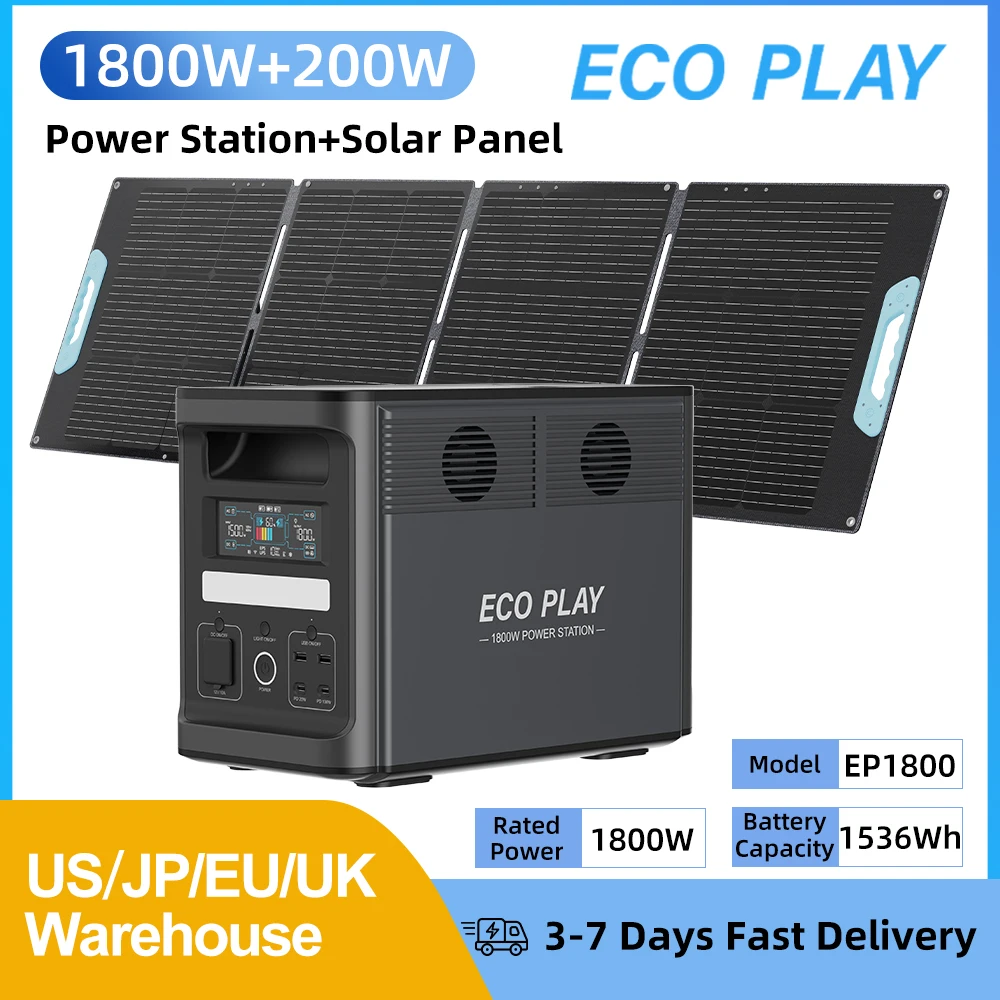 

ECOPLAY Lifepo4 аккумуляторный генератор Power Bank 1800 Вт/1536 Втч с аксессуарами для кемпинга на открытом воздухе 200 Вт складная солнечная пластина для экстренной помощи