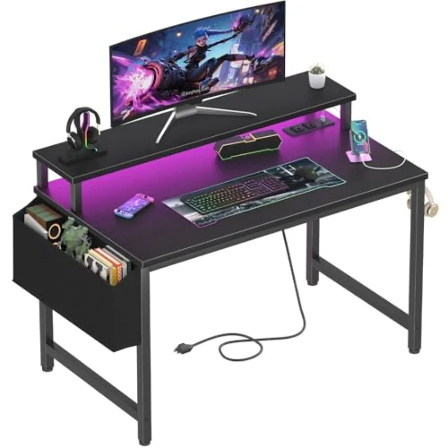 

Small Desk with Power Outlets and LED Lights 32 Inch Teen Writing Study Table Home Office Computer Desks with Monitor Stand Gam