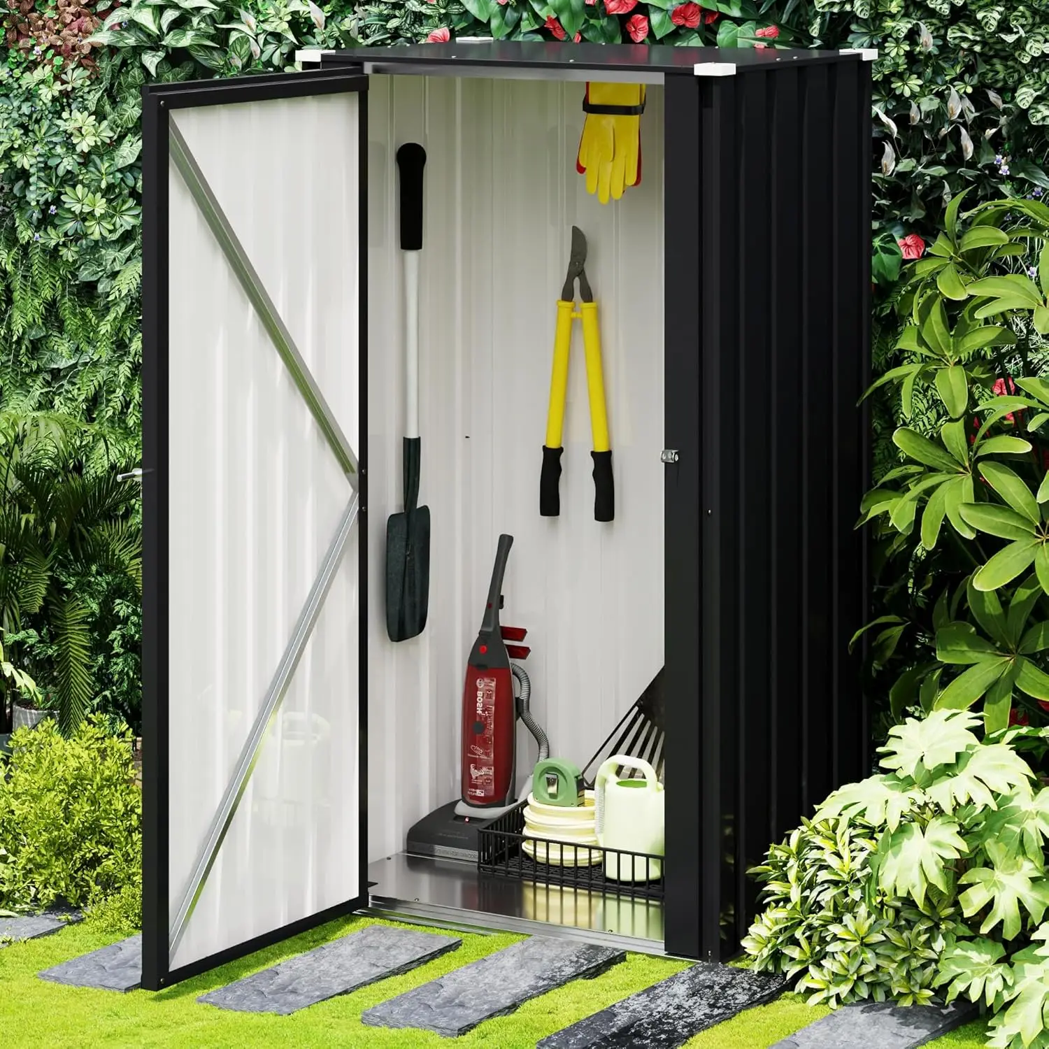 

22 Cuft Lockable Metal Storage Shed, Vertical Indoor Outdoor Tool Cabinet with Non-Adjustable Shelves