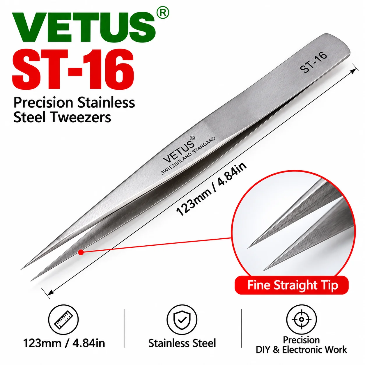 1 Pc Vetus Switzerland Precision Tweezers Stainless Steel Diy Tweezers Electrician Hand Tools ST-16
