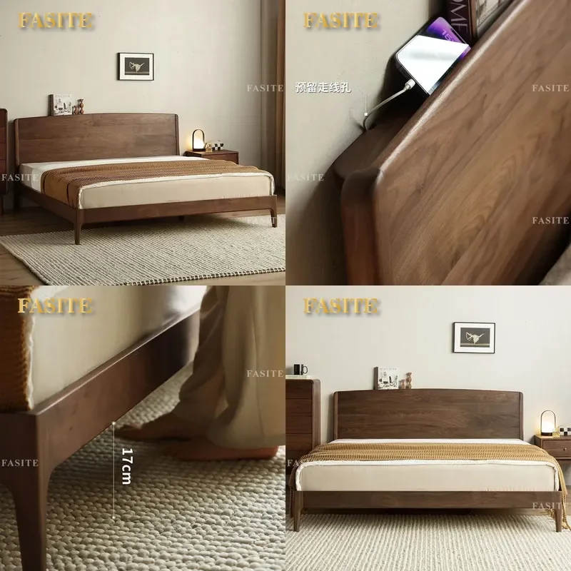 For North American Black Walnut Bed Full Solid Wood Master Bedroom 1.8m Double Nordic Simple Modern 1.5m Log Bed Durable