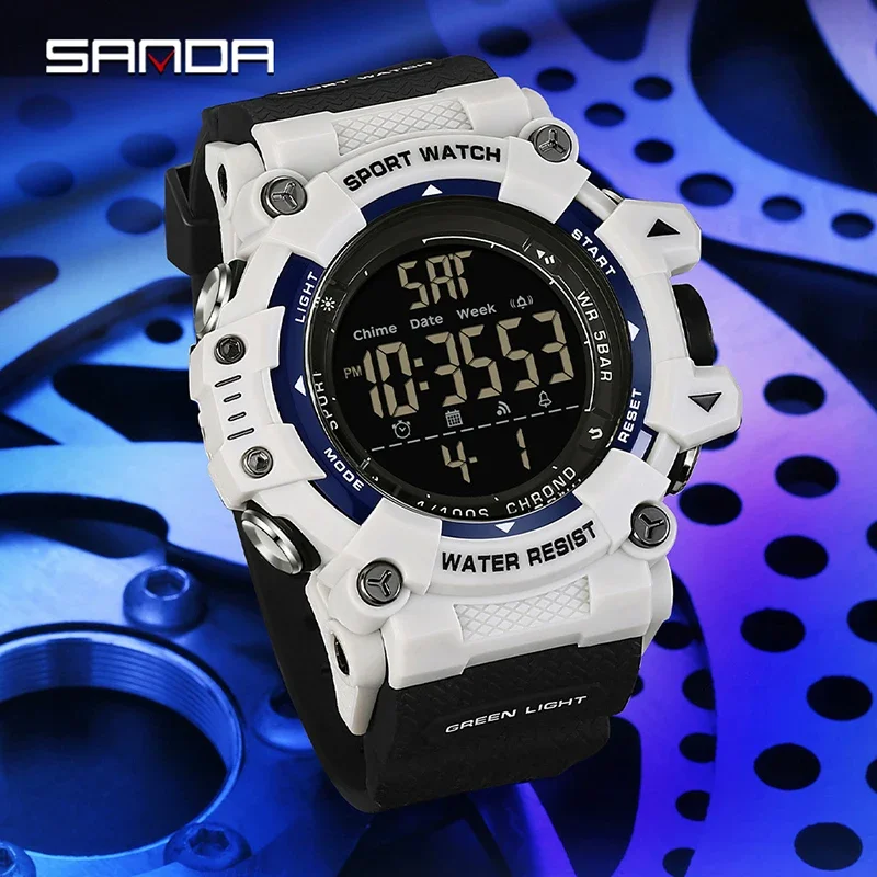 SANDA Outdoor Sport Electronic Men's Watches Night Light LED Analog Digital Countdown Alarm Clock Student Electronic Wristwatch