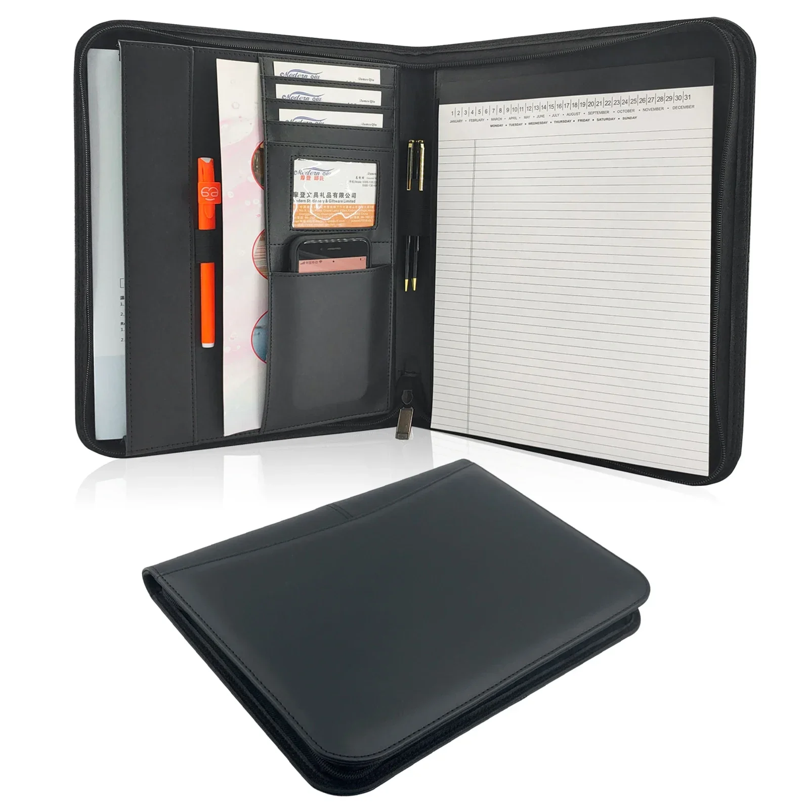 Zippered Business Padfolio A4 PU Leather Portfolio Organizer for Interview Resume Document PlannerTablet Sleeve Holder