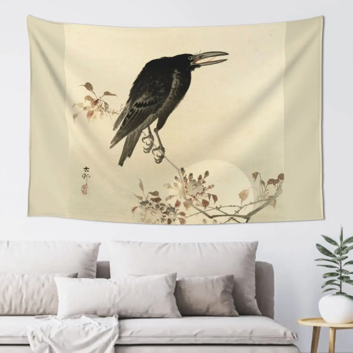 

Koson Ohara - Crow on flowering Cherry Branch at Full Moon Tapestry Decor For Bedroom Wall Hanging Decor Tapestry