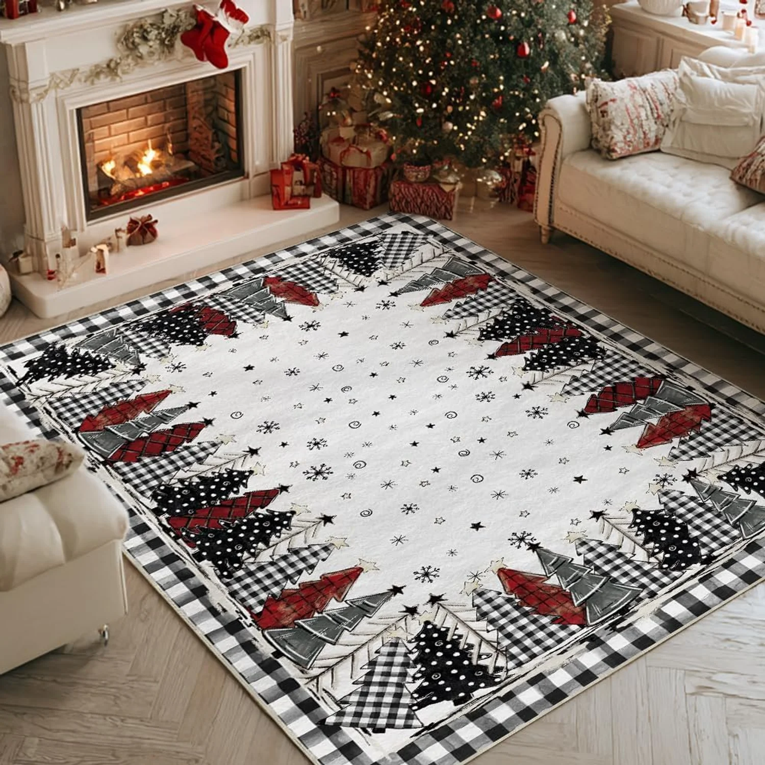 Large 8x10 Christmas Area Rug Watercolor Buffalo Plaid Xmas Tree Carpet Washable Low Profile Throw Rug for Entryway Home Decor