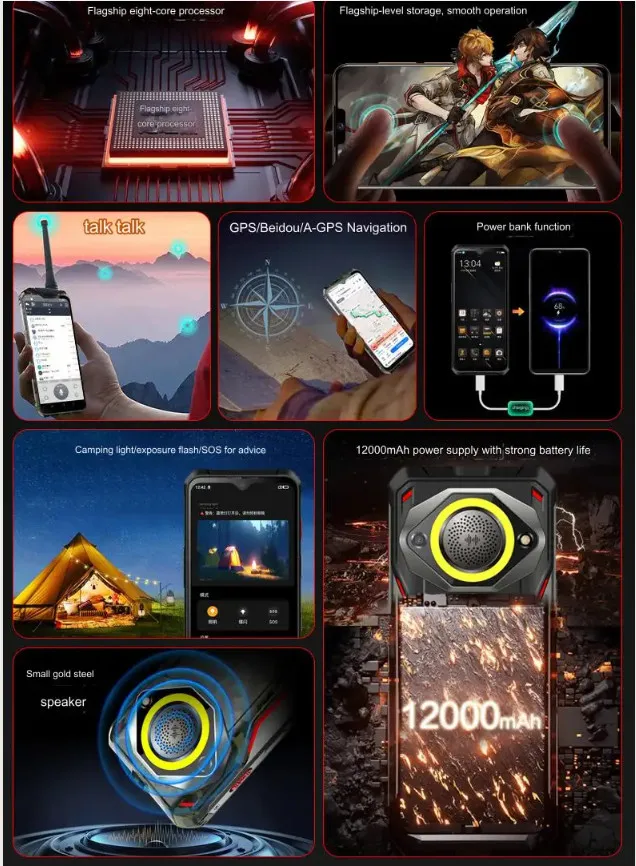 Bateria 12000 mAh Zewnętrzne oświetlenie kempingowe Zello PTT Key Walike Talkie Smartphone 8 GB + 128 GB 26 MP Aparat Octa Core 6,88 cala