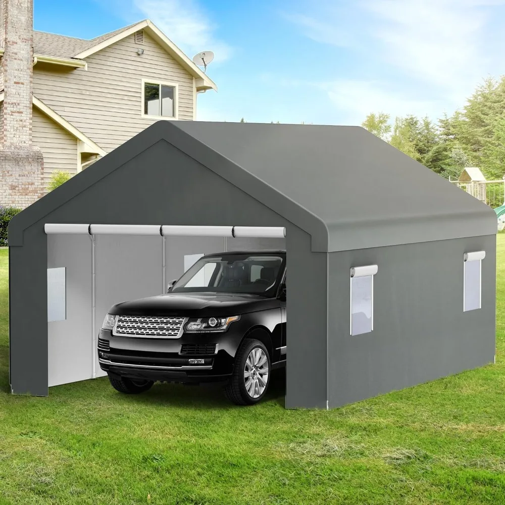 

Car Campaign Tent Wedding Carport Dark Grey Heavy Duty Canopy Storage Shed With Mesh Windows and Pure Iron Pipe Awning Boat Home