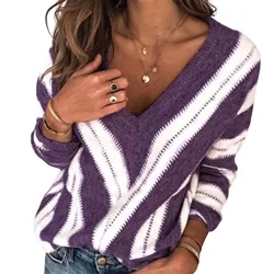 Womens Casual Fall Sweater Fashion Loose Striped Color Knit Sweaters for Daily Life Shopping Work