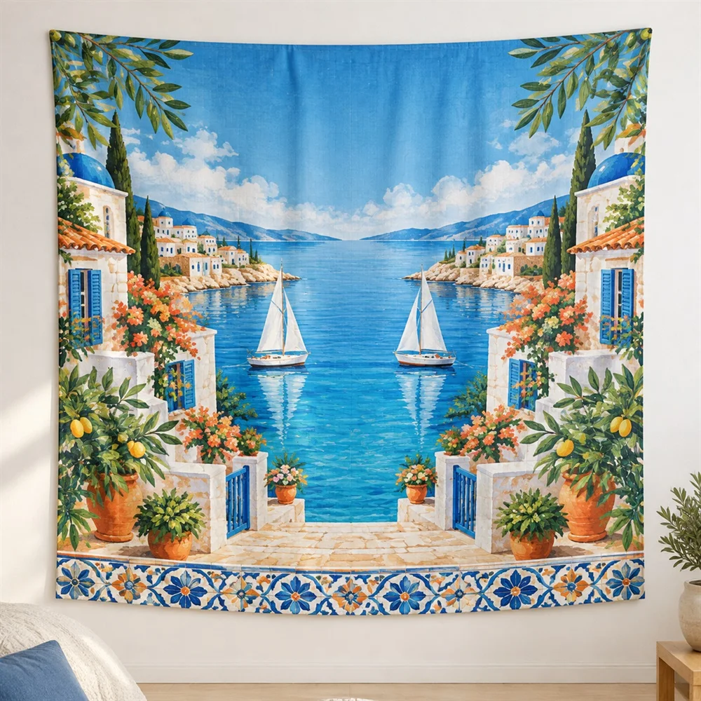 VIKAMA Sailboat Bay Mirror Symmetric Tapestry Wall Hanging, Mediterranean Wall Decor Tapestries for Living Room Bedroom Entryway