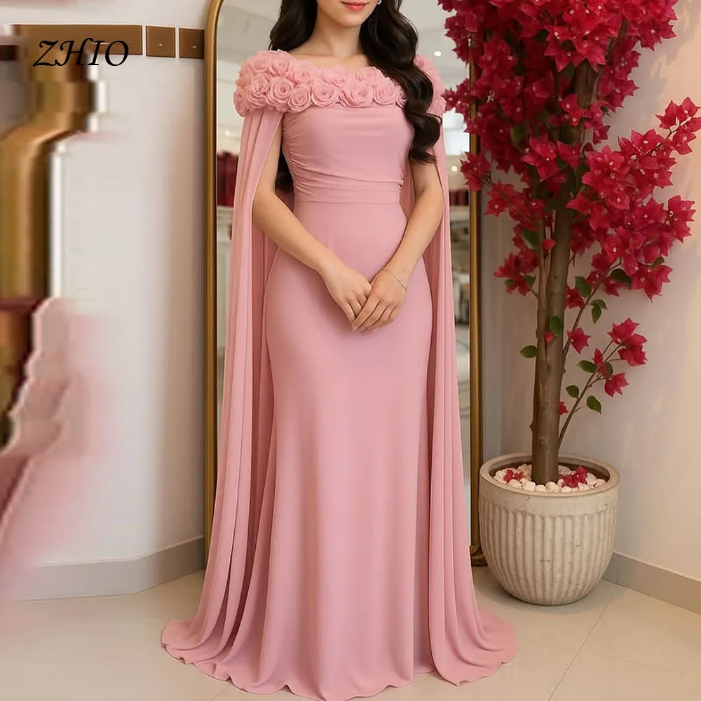 ZHIO البوق مع زهور الورد ثلاثية الأبعاد دبي فستان حفلة موسيقية وردي مخصص مع شال Vestidos de noche سويب تراين سهرة رسمية