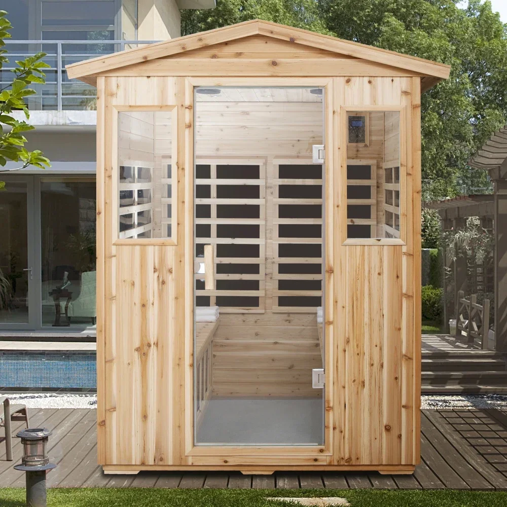 Sauna infrarroja al aire libre Saunas de infrarrojos lejanos para 4 personas Sala de sauna baja EMF para el hogar, madera con dobladillo canadiense, Sauna grande