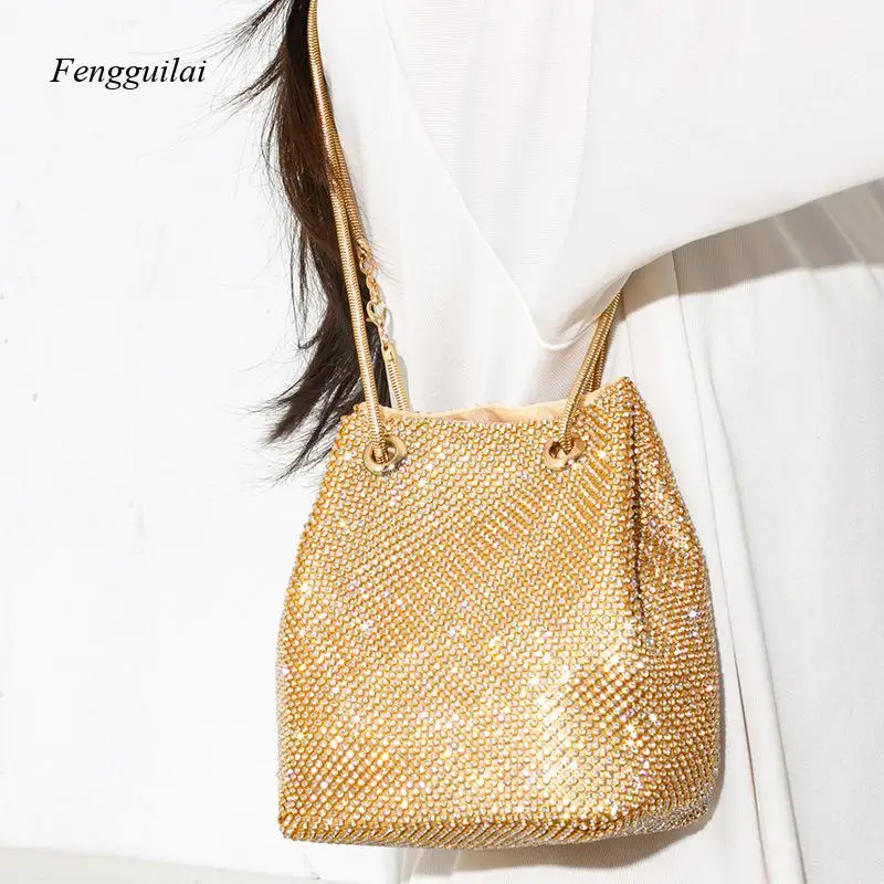 

Women's Gold Rhinestone Bucket Bag, Sparkly Drawstring Crossbody Purse, Shiny Crystal Evening Handbag for Party & Night Out