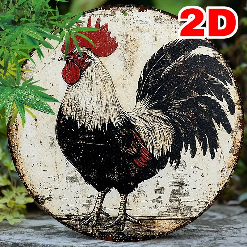 Vintage Schwarz-Weiß Hahn Rundes Metallschild, 2D Flachbedruckte Distressed Farmhaus Hühner-Kunst Blechschild, Rustikaler Landhausstil