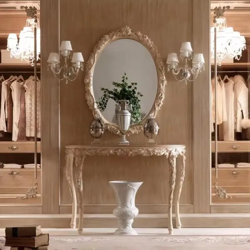 Classic Solid Wood Frame Console Table with Natural Wood Grain Veneer 100 Percent Hand Carved Traditional Design