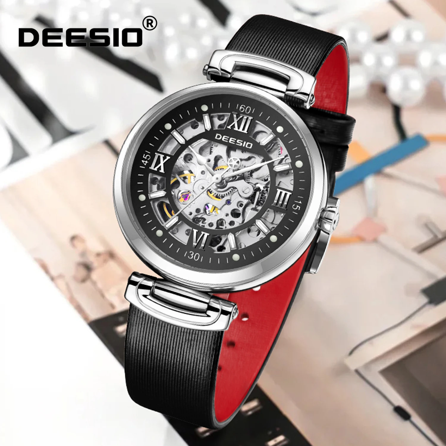 Deesio Mechanical Watch for Women Skeleton Dial Waterproof 30M Stainless Steel Automatic Self-Winding Movement Luxury Timepiece