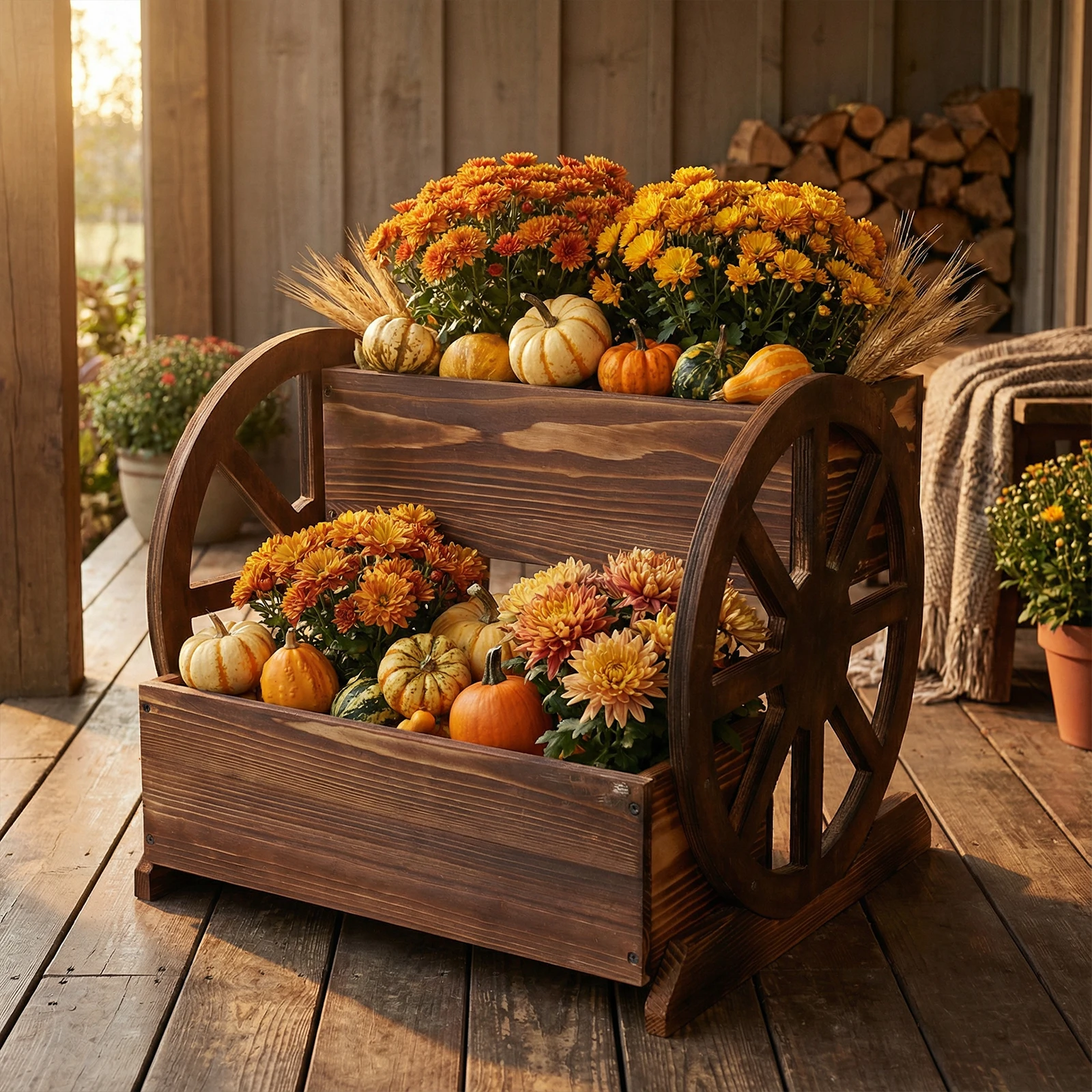 

Wooden Wagon Planter Box with Wheels Wheelbarrow Planter Flower Cart for Indoor Outdoor Patio Garden Balcony Backyard