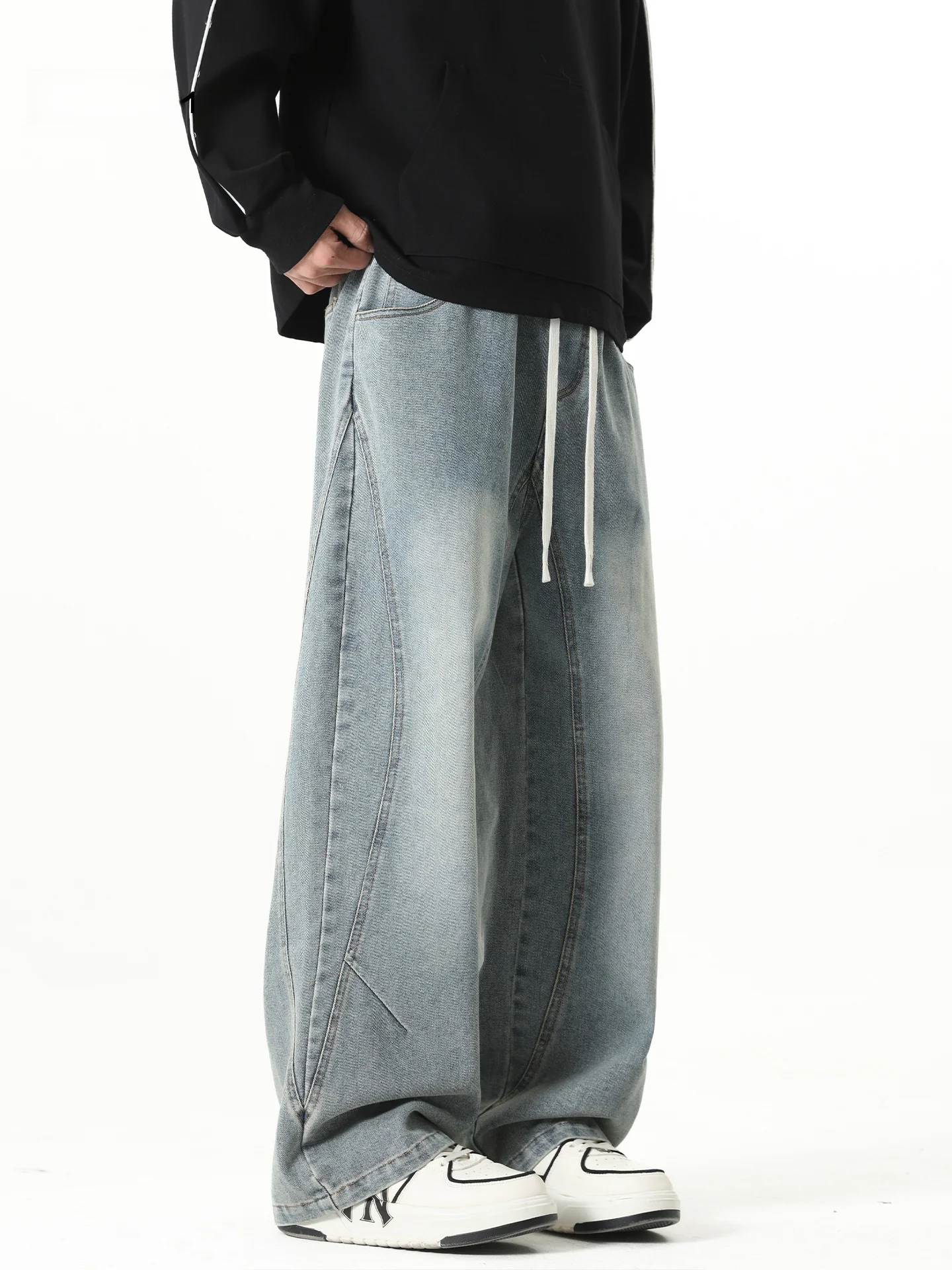 

American Deconstructed Patchwork Thickened Fleece Wide Leg Jeans Men's Autumn Winter Relaxed Fit Casual Straight Jeans