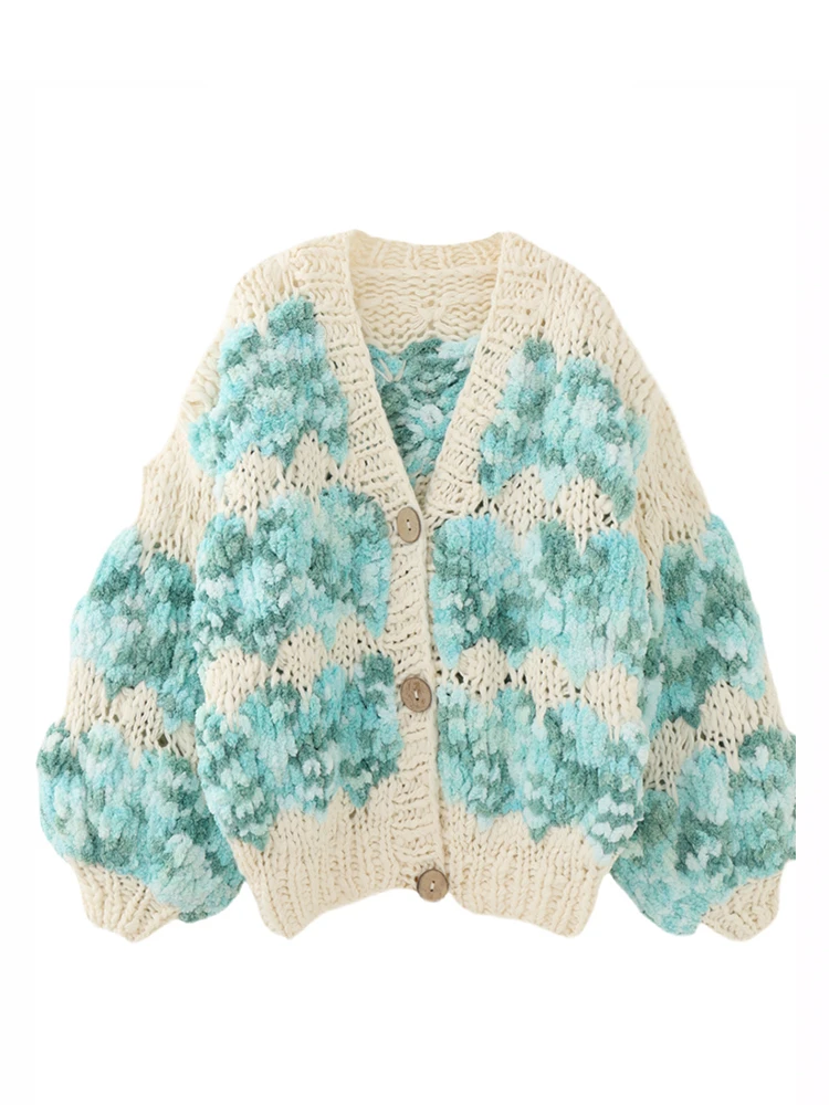 Handmade Thick Knitted Cardigan 2024 Winter Chunky Sweater Women knitwear Niche Design Jumper