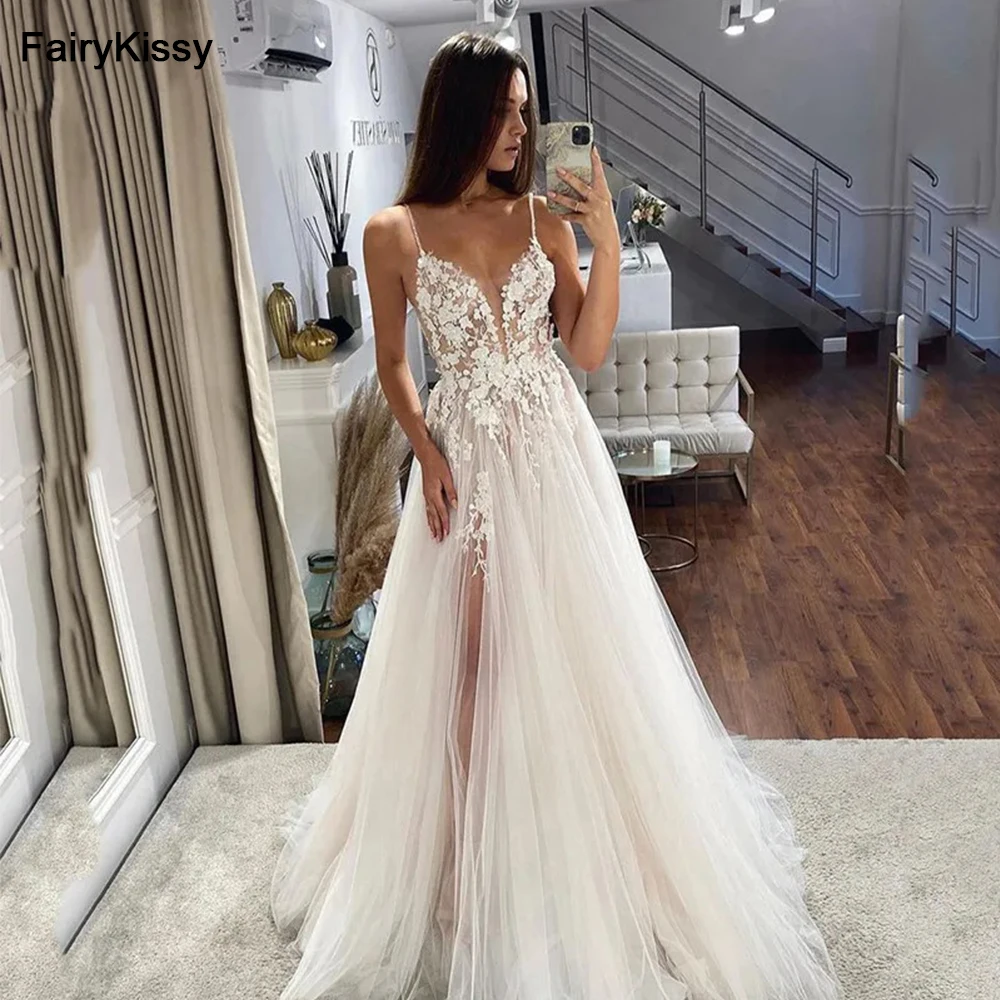 FairyKissy 3D Lace Wedding Dresses A Line Bridal Gowns Sexy V-Neck Spaghetti Straps Wedding Party Gowns 2024