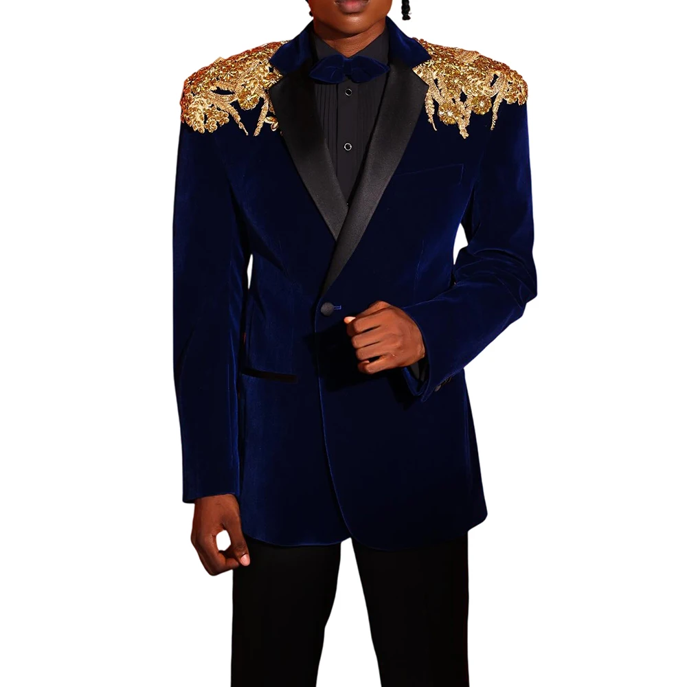 Luxe herenpakken op maat 2-delig blazer broek één knop brede revers applicaties bruiloft formele parels kralen op maat gemaakt plus maat