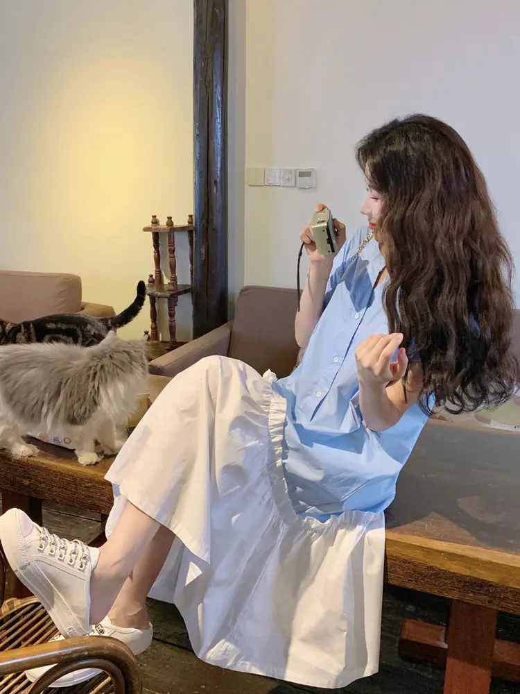 Diseño Sense, camisa reductora de edad, falda larga, nuevo estilo, temperamento adelgazante, vestido de estilo universitario, verano