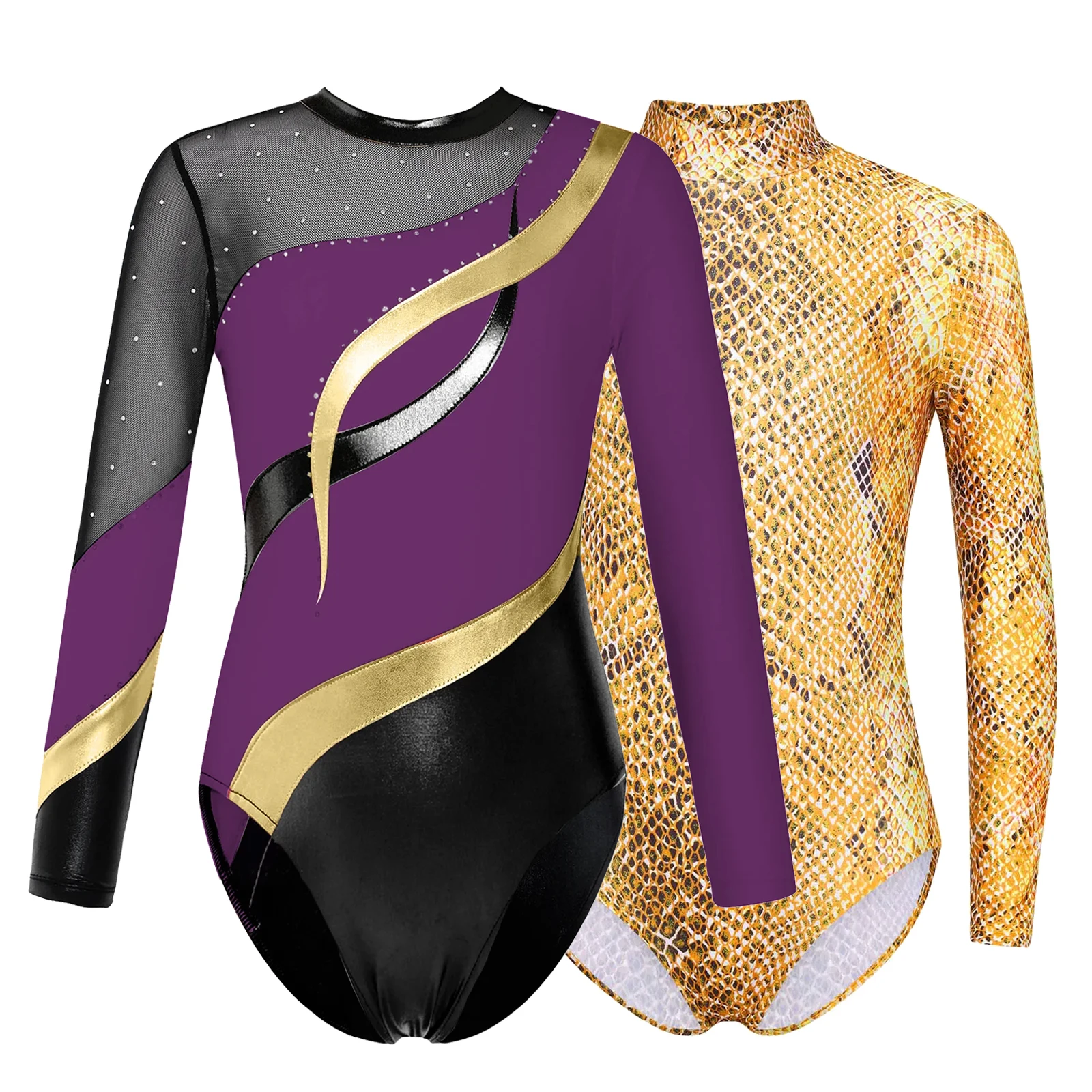 

Kids Girls Gymnastics Jersey Ballet Dance Bodysuit Long Sleeve Rhinestone Balllerina Leotards Figure Skating Practice Costume
