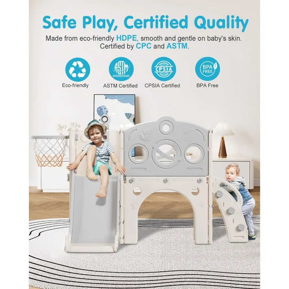 Tobogán todo en uno para niños pequeños con características de baloncesto, telescopio y escalada para juegos en interiores