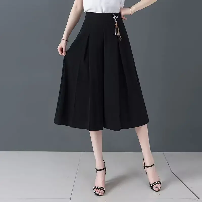 2023 New Summer Fashion Pleated Solid Color Elastic Waist Wide Leg Pants Ladies Simplicity Loose Calf-Length Pants Women Clothes