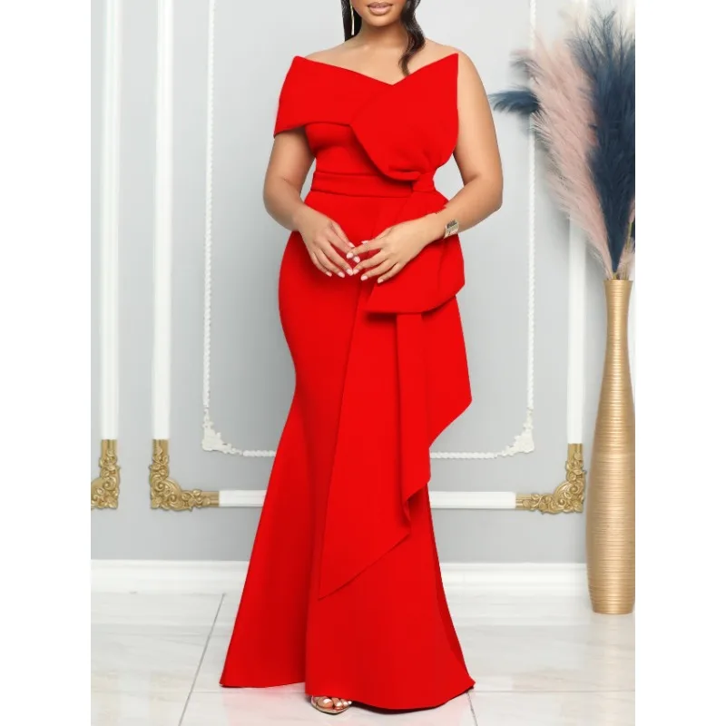 ที่กําหนดเอง Maxi Party Dresses สําหรับผู้หญิงสีส้มหนึ่งไหล่ Ruffles ดอกไม้ Empire Bodycon ทรัมเป็ตชุดราตรีค็อกเทลกิจกรรม Gowns 4