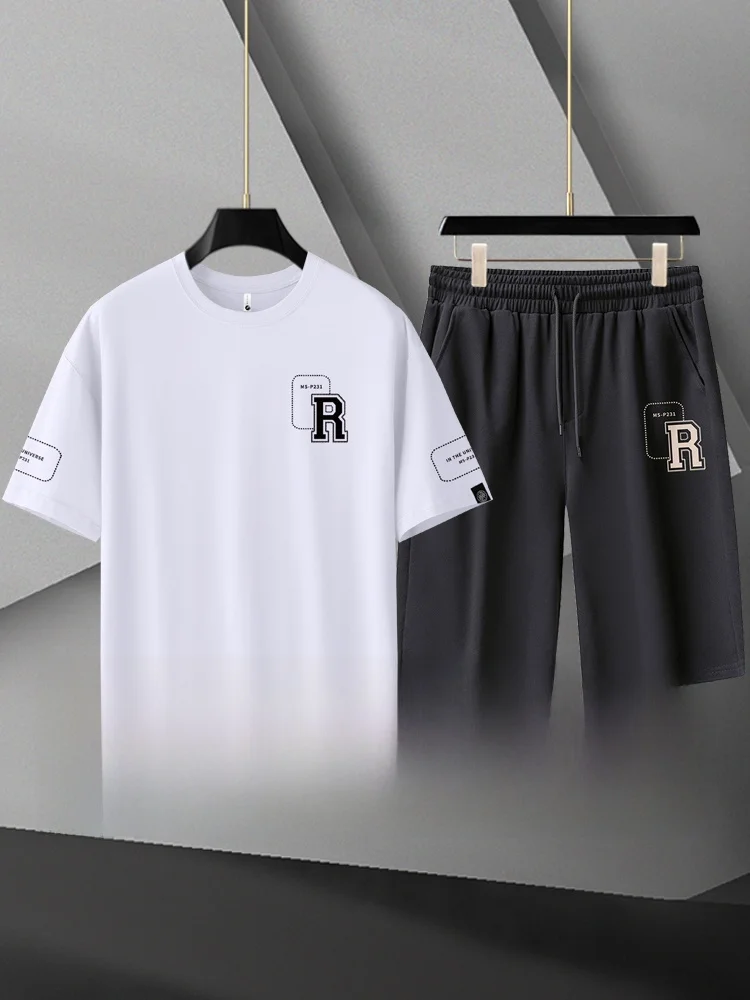 

plus Size ort Sve Men's Casual Sportswear Set Loose Fit Summer New Sle Two Pieces Cotton Polyester Blend T-irt And S...