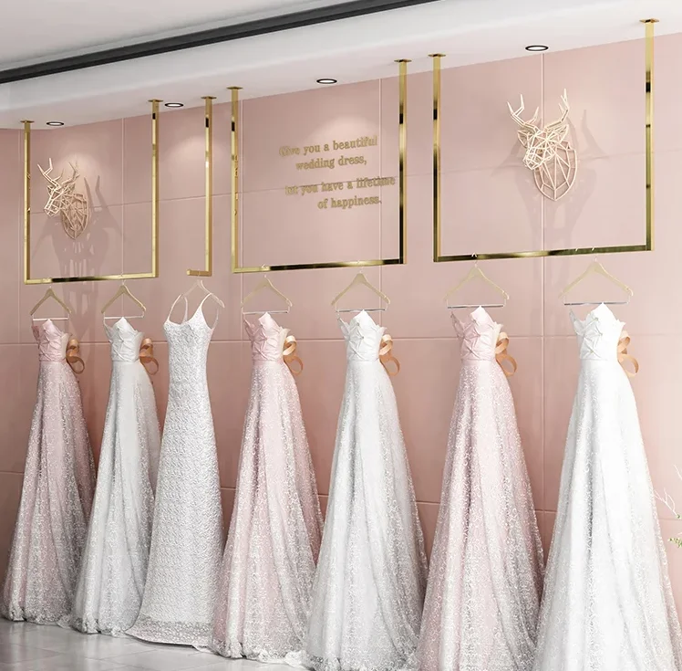 Stainless steel wedding dress display frame, women's clothing store, wall mounted U-shaped clothes pole, gold ceiling hanger