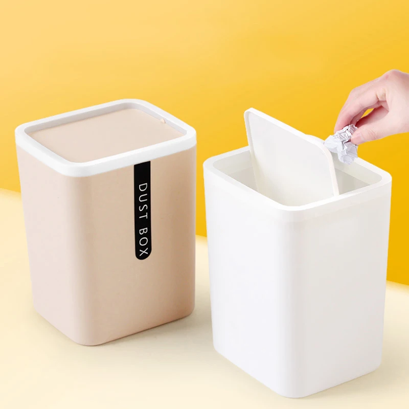 Trash Can Mini Wastebasket Plastic Swing Lid Bin Home Rubbish Waste Dustbin Kitchen Paper Wastebasket Shake Cover Storage Bucket - Image 2