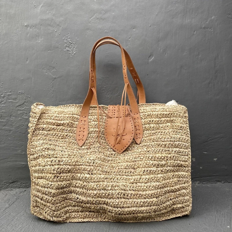 Raffia Straw Bag For Summer Seaside Holiday Travel Beach Bags Women Tropical Leather Hangbag Crochet Large ToteBag Reticule Chic