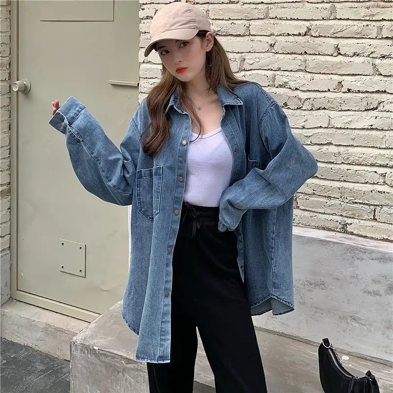 Women\'s Denim Shirt Jackets Retro Harajuku Streetwear Oversized Korean Style Ladies Casual Outwear Yk2 Short Denim Coats Tops