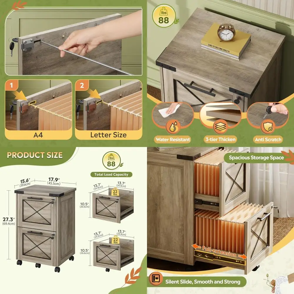 

Gray Oak Mobile Home Office File Cabinet with Lockable Drawers, Under Desk Storage for Printer and Hanging Files