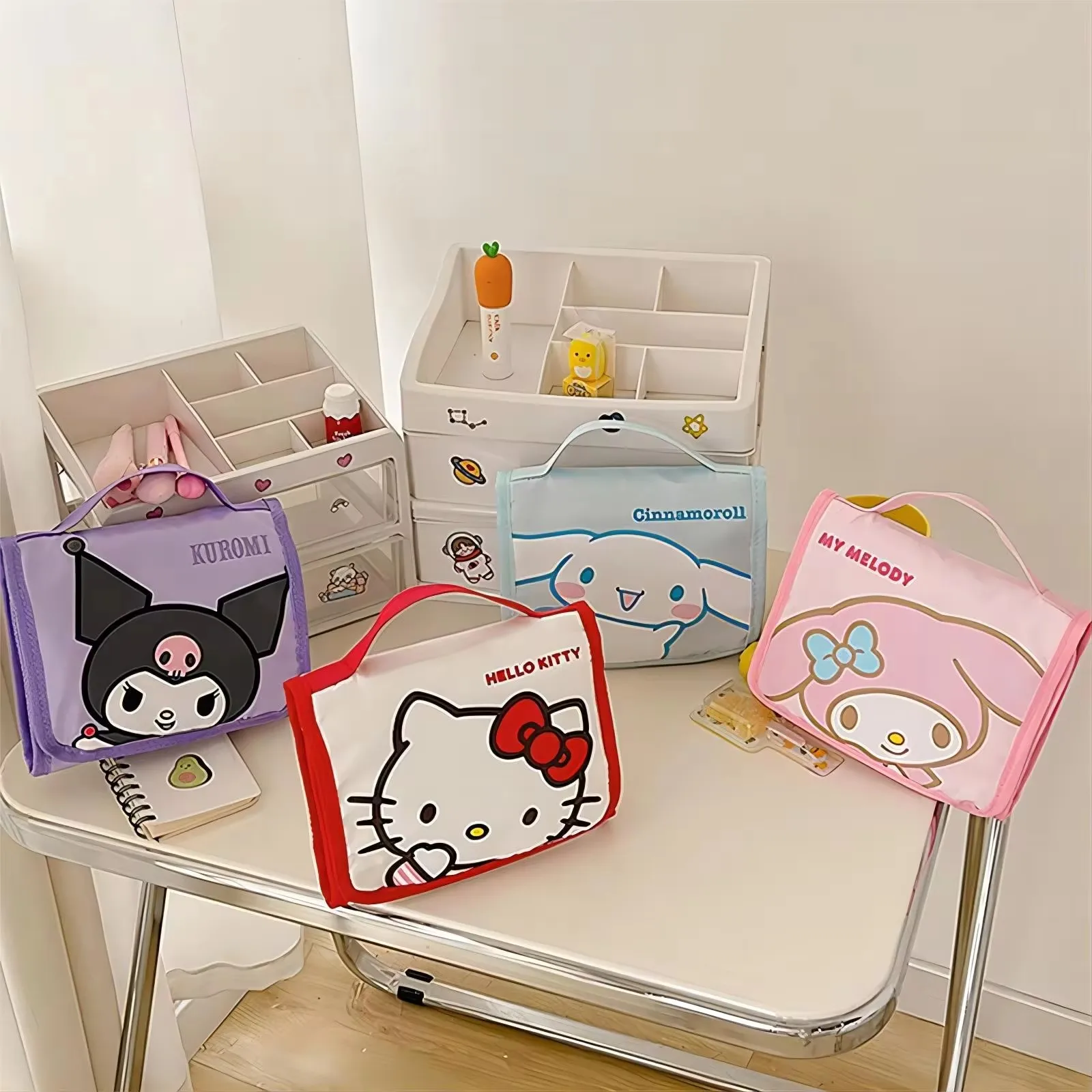 Sanrio Foldable Cosmetic Bag Cartoon Hello Kitty Kuromi Melody Portable Removable Large Capacity Pencli Case Storage Bags Gifts